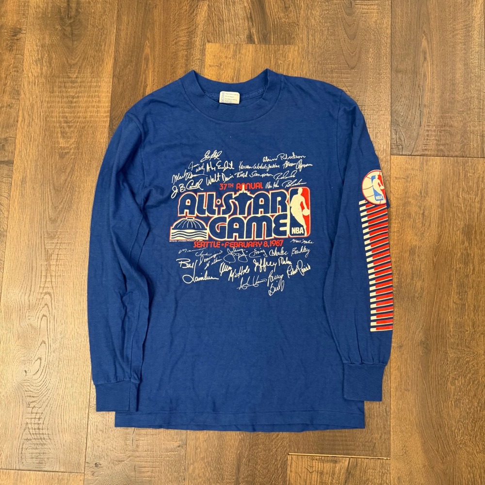 Vintage 80s 1987 NBA All-Star Game Seattle T-Shirt Mens M Blue Long Sleeve USA